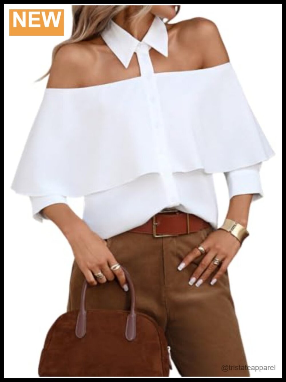 Women's Off Shoulder Flowy Button Down Shirt Blouse with Ruffled Sleeves
